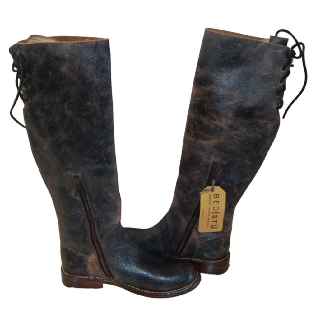 BED|STU Black and Red Lace Up Boots with Distressed Leather